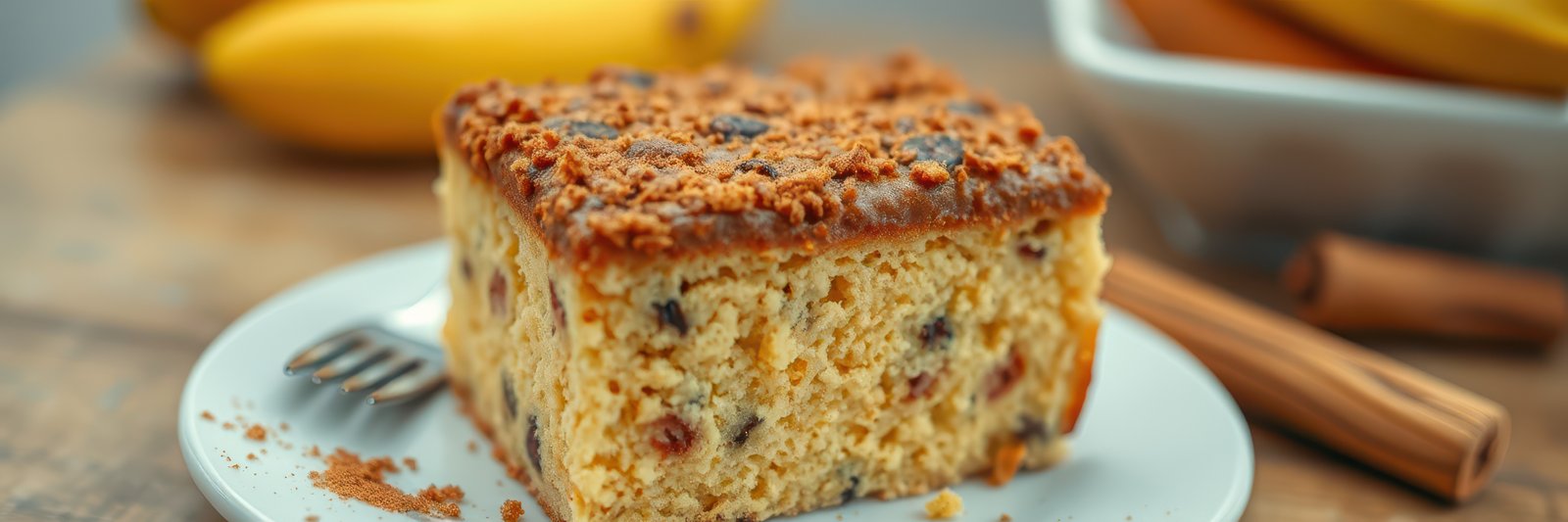 Delicious banana cake with crumb topping served on a plate beside fresh bananas and cinnamon sticks